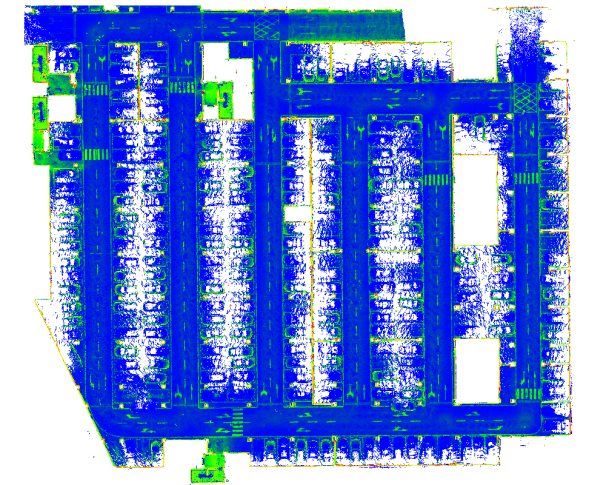 图4 建筑和室内停车场区域的预建高精点云地图